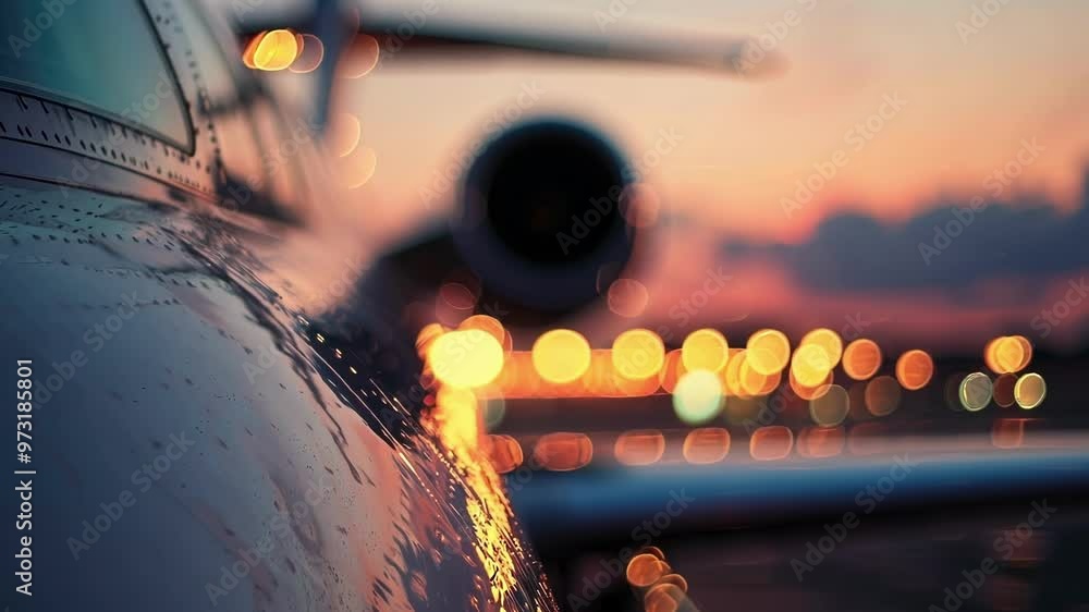 Poster private jet is parked on the runway as the sun sets in the background, creating a warm and inviting 