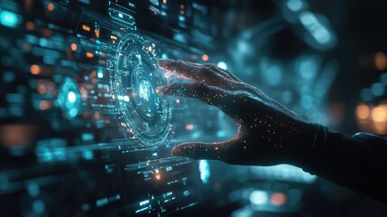 Futuristic Hand Interacting with Digital Interface. AI generated illustration