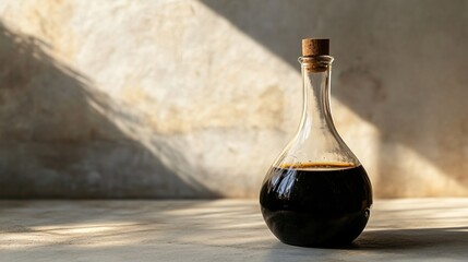 Obraz premium A simple glass bottle of balsamic vinegar on a bare concrete table, with a faintly colored soft light background