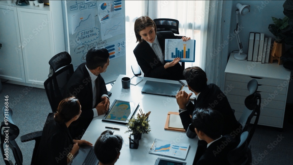 Aufkleber top view of smart business woman show increasing sales chart to diverse team while group of diverse 
