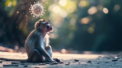 Small monkey sitting under a floating monkeypox virus particle in nature, symbolizing zoonotic diseases and viral transmission