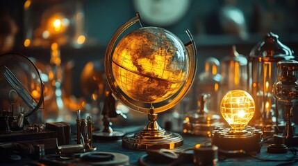 Globe on Dark Surface with Lighting. AI generated illustration