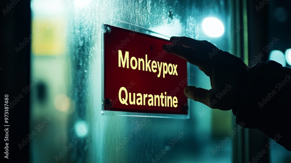 Poster a sign with 'monkeypox quarantine' illuminated in red against a frosted window. concept of disease c