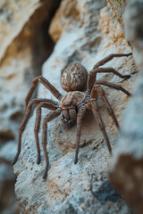 Large spider with hairy legs resting on a rock
