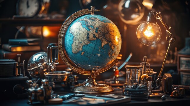 Globe on Dark Surface with Lighting. AI generated illustration