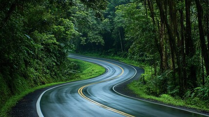 Fototapeta premium A road winds through a lush forest, with motion blur from passing cars. The car traverses the road amidst verdant trees, showcasing a harmonious ecosystem and the beauty of road trips.