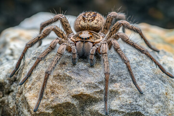 Large spider with hairy legs resting on a rock
