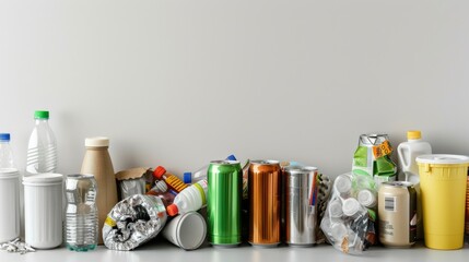 Close-up view of mixed recyclable waste including plastic containers, paper, and metal cans placed on a clean surface. Close-up photo with clean background