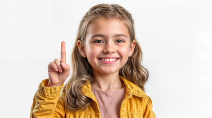 A young pre-teen child holding up her index finger. We're number one. A smiling girl with long blond hair wearing a yellow jacket and isolated against a white background.