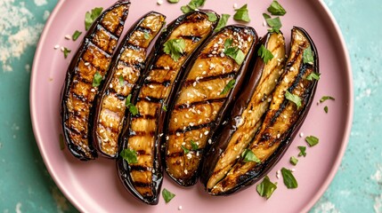 Grilled eggplant with miso glaze, plated on a pastel pink plate, against a high-contrast teal background