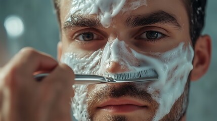 Young man applying shaving cream while preparing to shave in a modern bathroom setting during morning routine