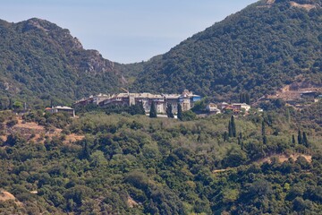 Fototapeta premium view of the mountains with monastry on the Athos peninsula - Chalkidiki - Greece