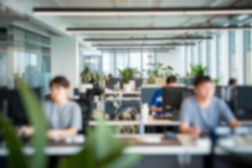 Fototapeta premium Modern office space. Employees working at their desks in a contemporary office space with large windows and natural light.