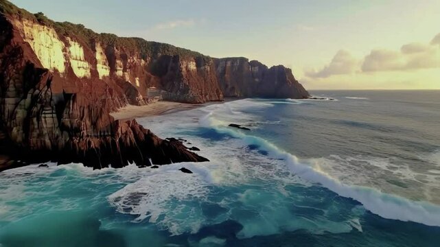 drone view of waves crashing against the rugged cliffs along the Beach