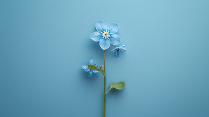 Obraz premium A delicate blue flower with vibrant petals and green leaves, set against a soft blue background, symbolizing tranquility and beauty.