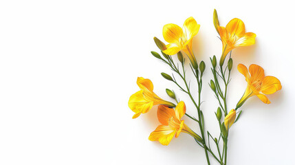 A delicate bouquet of bright yellow freesia flowers against a clean white background, perfect for floral themes and designs.