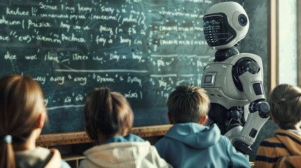 Futuristic robot instructor teaching young students in modern classroom with a blackboard. AI powered education concept with humanoid android and attentive children at chalkboard.