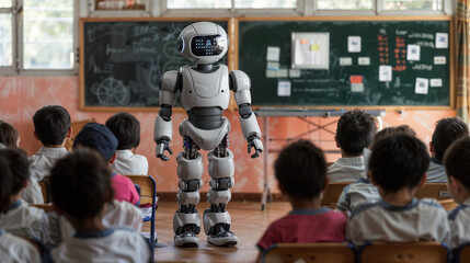 Futuristic humanoid robot teaching a group of students in classroom. Advanced AI technology enhances education. Chalkboard displays mathematical formulas. The students observe robotic instructor