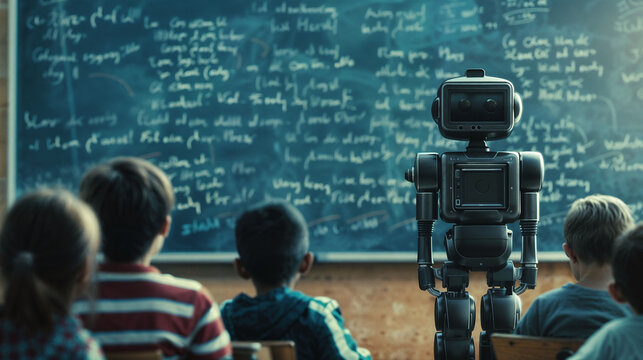 Humanoid retro vintage robot teacher standing in classroom with students and chalkboard. Artificial intelligence in education concept with machine learning and automated instruction