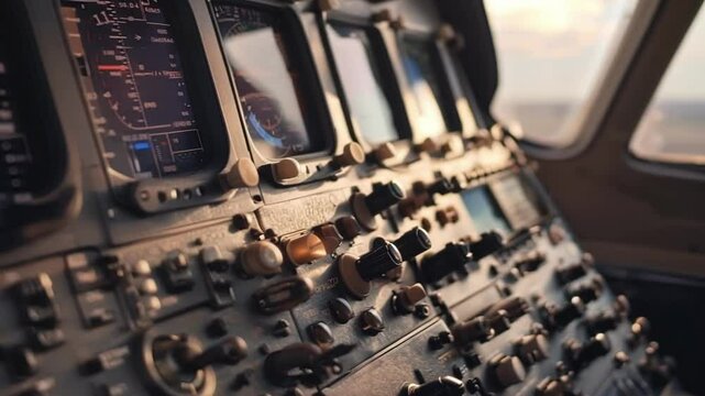 Illuminated airplane cockpit control panel with buttons, dials, and levers, showcasing precision engineering for safe air travel