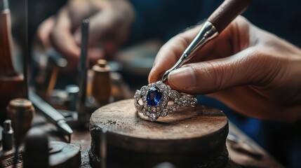 Master Jeweler Setting Gems into Jewelry Piece. AI generated illustration.