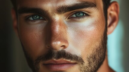 Fototapeta premium Close-up portrait of a young man with striking blue eyes and facial hair captured indoors during natural lighting