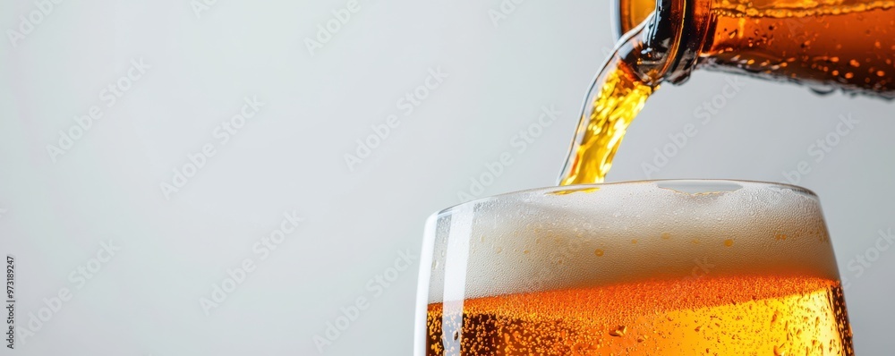 Poster close-up of refreshing beer being poured from a bottle with frothy bubbles and golden liquid in moti