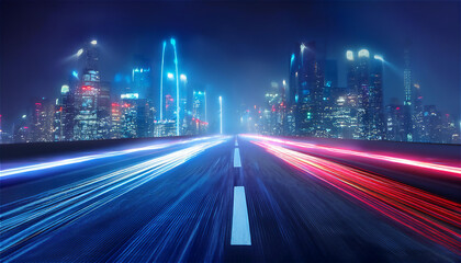 未来都市の高速道路、濡れた路面にネオンが反射し、車のヘッドライトが光の軌跡を描く。煙と霧が混じり合う空気の中、ビルの上空にサーチライトが交差する。