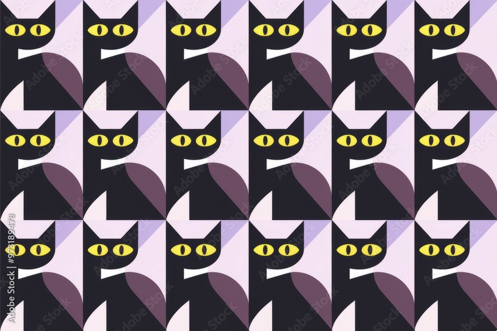Poster black cat pattern. geometric pattern with black cats on a lavender background. repeating pattern des