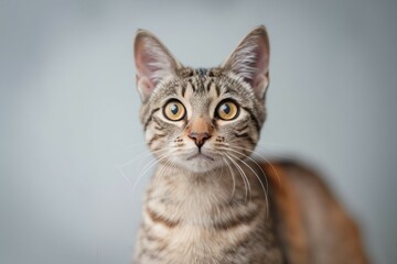 Tabby cat portrait. Close-up portrait of a curious tabby cat, looking directly at the camera with bright yellow eyes.