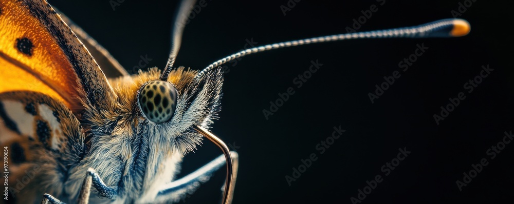 Poster close-up view of a butterfly proboscis and eye showcasing intricate details in vivid colors and text