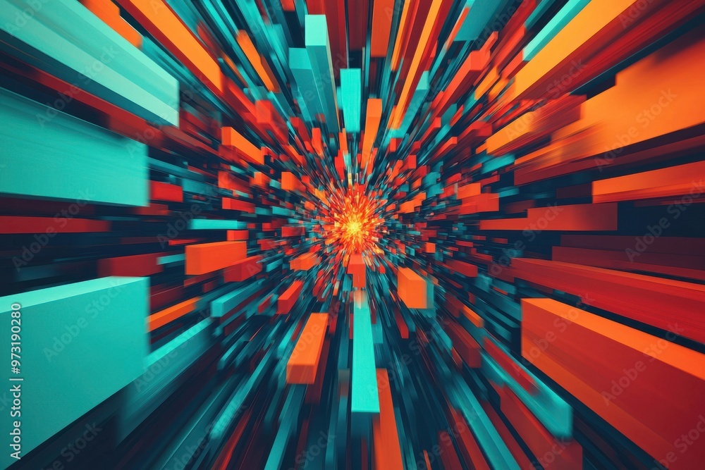 Poster abstract geometric burst artwork featuring vibrant orange and teal colors, creating a dynamic, futur