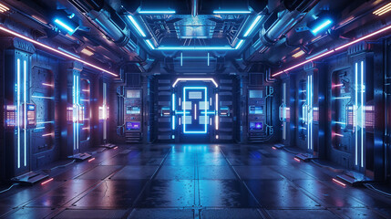 Sci-fi corridor interior with glowing neon lights and futuristic door. High-tech spaceship or advanced research facility with electronic control panels