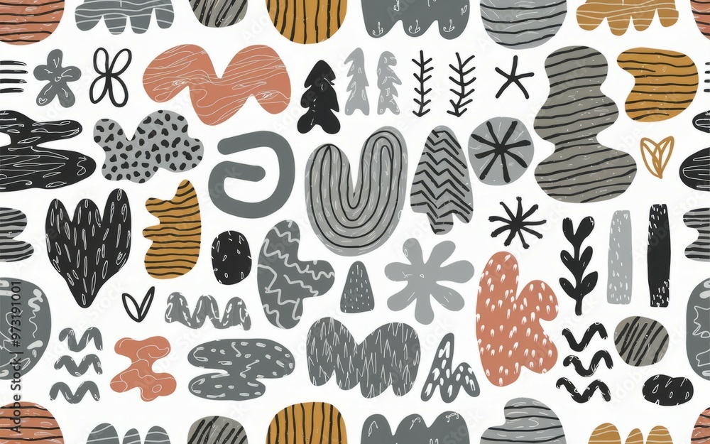 Poster abstract shapes pattern. seamless pattern of hand-drawn abstract shapes with textured elements.