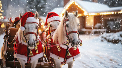 Horses dressed as Santa s reindeer, complete with harnesses and bells, standing by a sleigh in front of a festive farmhouse, Christmas horse costume, holiday spirit