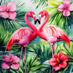 Two Flamingos in Love Watercolor Painting