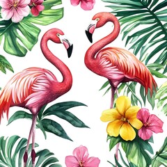 Pink Flamingos and Tropical Flowers Watercolor Illustration