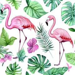 Watercolor Pink Flamingos and Tropical Leaves Seamless Pattern