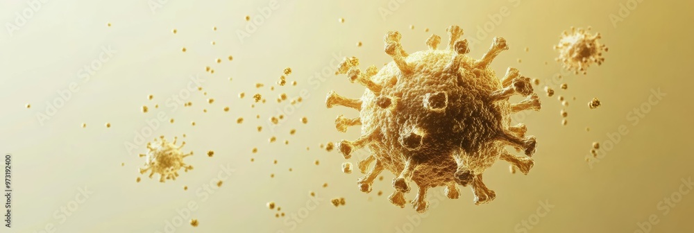 Poster yellow-toned close-up of a monkeypox virus particle during an outbreak, representing mpox transmissi