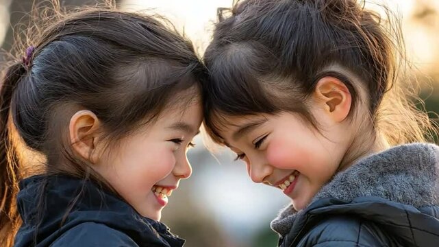 A heartwarming moment between two child smiling at each other with their foreheads touching.