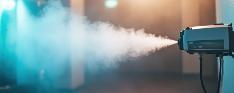 Close-up view of fogging machine dispersing mist in atmospheric setting with atmospheric lighting creating a surreal and mysterious ambiance
