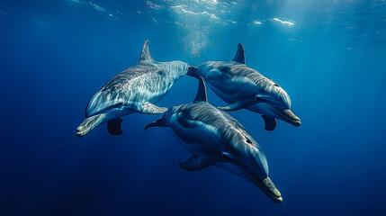Fototapeta premium Dolphins Swimming in Clear Blue Ocean, Graceful and Playful Interactions, Marine Wildlife in Pristine Natural Environment