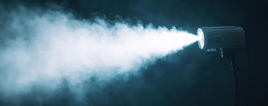 Close-up view of a fog machine releasing a thick cloud of vapor in a dimly lit room creating a dramatic and mysterious atmosphere