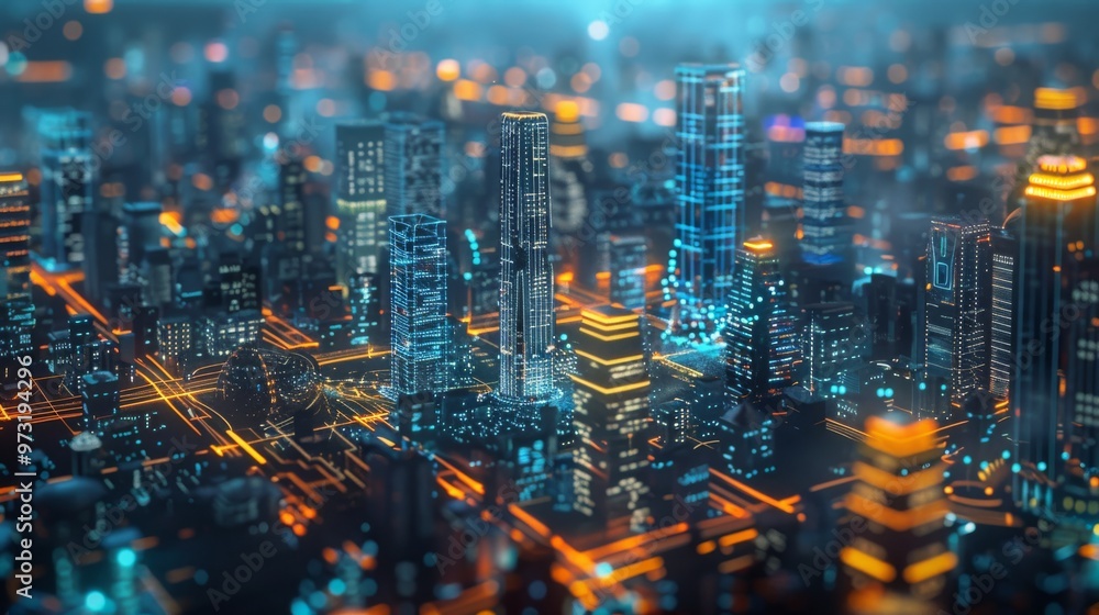 Aufkleber digital hologram of a bustling metropolitan area featuring towering modern skyscrapers and intricate