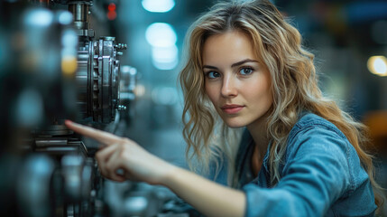 A young female engineer is focused on her work in a modern industrial facility.