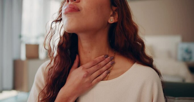 Sick woman, cough and virus with sore throat on sofa for viral infection or cold and flu at home. Closeup, young or female person with swollen lymph nodes, inflammation or neck pain for influenza