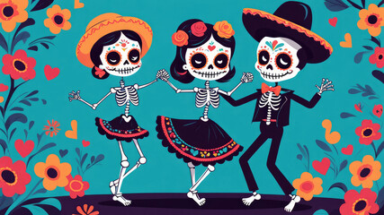 Day of the Dead greeting card with cute a skeletons happily dancing in love.