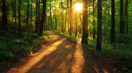 Fototapeta premium A sunny forest trail winds through lush trees, casting intricate shadows in the warm glow of the sun.