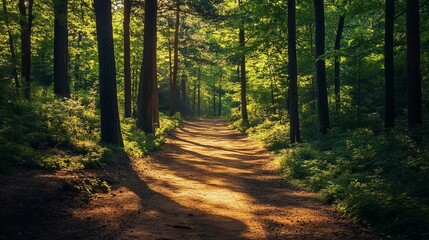 Obraz premium A sunny forest trail winds through lush trees, casting intricate shadows in the warm glow of the sun.