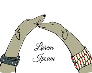 Vector illustration of hand drawn greyhound dog couple in love. Beautiful design elements, ink drawing, funny romantic illustration. Perfect for Valentine's day celebration.